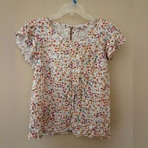 Women's White Floral Short Sleeve Blouse with Orange & Pink Accents